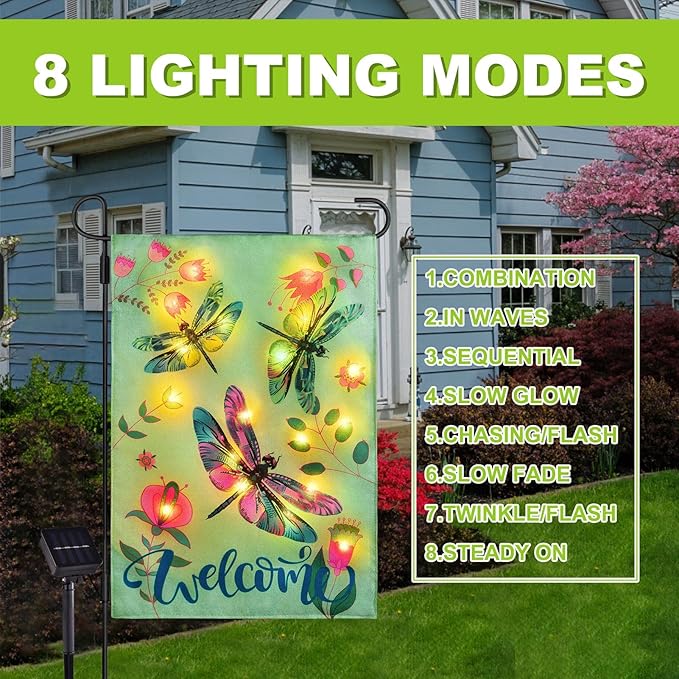 Spring Garden Flag 12×18 Double Sided, 8 Modes Lighted Dragonfly Flag, Welcome Garden Flag for Outside, LED Small Flag for Yard and Garden Decor in Spring