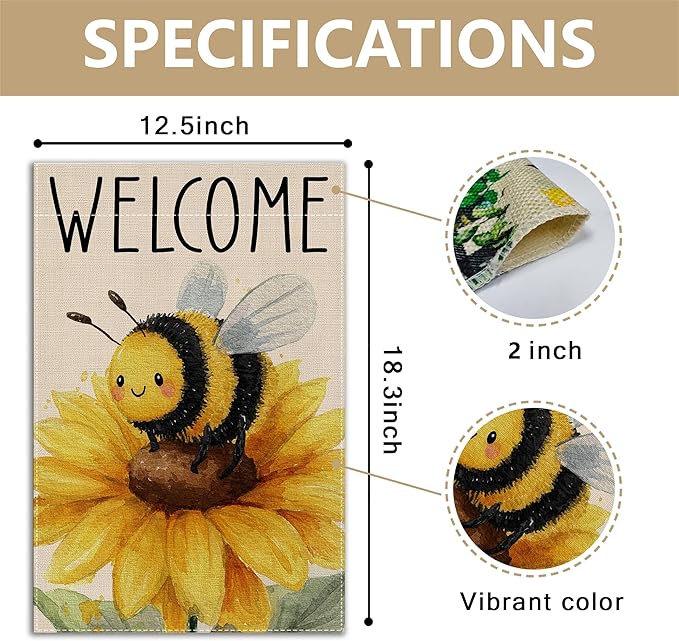 Garden Flags, Welcome Garden Flag, Bee Sunflower Flag Double-Sided Flags for Farmhouse Yard Outdoor-12 x 18inch (WELCOME BEE)