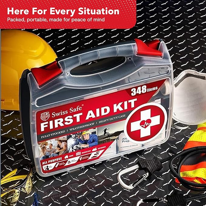 Swiss Safe 2-in-1 First Aid Kit for Car, Travel & Home, Businesses - Bonus Mini Kit for Medical Emergency Aid, Survival, Camping - FSA & HSA Eligible - 348 Pcs, Large Hardcase FAK