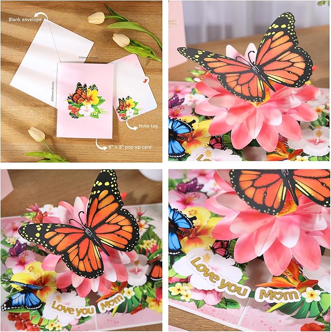 Pop Up Birthday Cards For Mom, Butterflies Love You Mom, 3D Monarch Butterfly, Beautiful Flowers, Birthday Cards, Ideal Gift For Mum, Wife, Godmother, Stepmom, Sister, Grandma, Mother in law, Wife