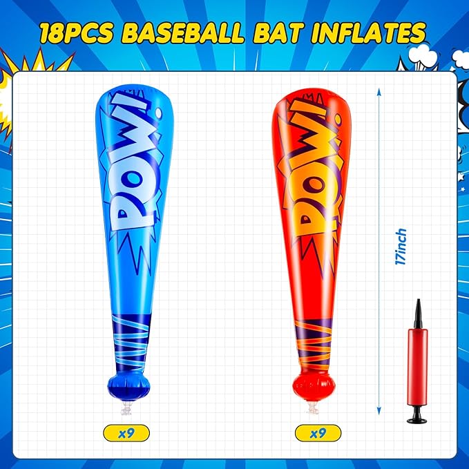 WILLBOND 17 Inch Inflatable Baseball Bat Bulk Baseball Party Favors Decorations, Inflatable Toys Blow up Bat with 1 Pump for Sports Theme Supplies(18 Pcs,Dark Blue,Red)