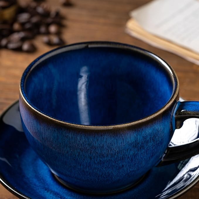 Porcelain Coffee Cup with Saucer Spoon, Vintage Design Ceramic Latte Art Cappuccino Barista Espresso Tea Cup with Saucer (11.6 oz, 350ml, Starry Blue)