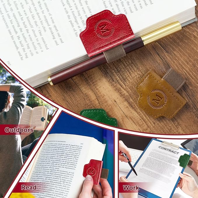 BygoneMark Magnetic Leather Bookmark with Pen Holder, Personalized Custom Initial Page Marker & Pen Clip, Professional Book Accessory for Students (Green-F)