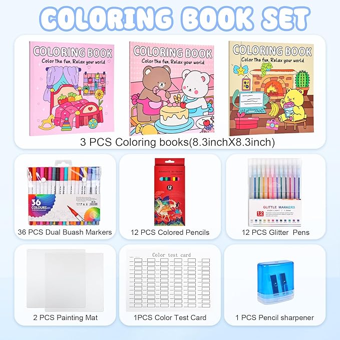 Coloring Book Set for Adults and Teens,3 PacK Easy and Simple Designs Coloring Set,Stress Relief Gifts with 36 Colors Markers &12 Pcs Glitter Markers &12 pcs Colored Pencils for adults Relaxation