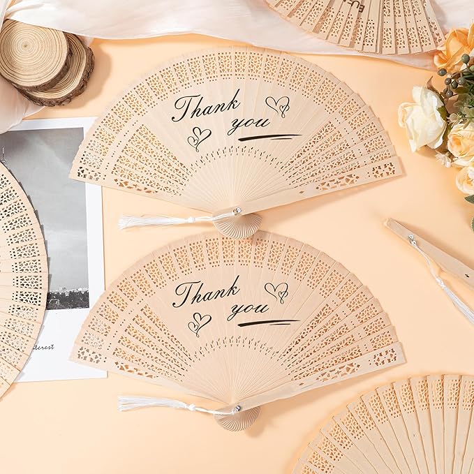 50 Pcs Wedding Fans Engraved Wooden Folding Hand Fans with Organza Bags, Wedding Party Favors for Guests, Bridal Shower & Summer Outdoor Ceremony (Style2,50)