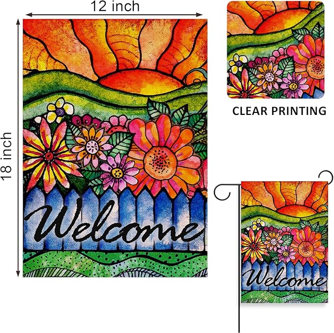 Covido Home Decorative Welcome Spring Watercolor Flowers Garden Flag, Summer Sunshine House Yard Abstract Floral Outside Decorations, Sunrise Farmhouse Seasonal Outdoor Small Decor Double Sided 12x18