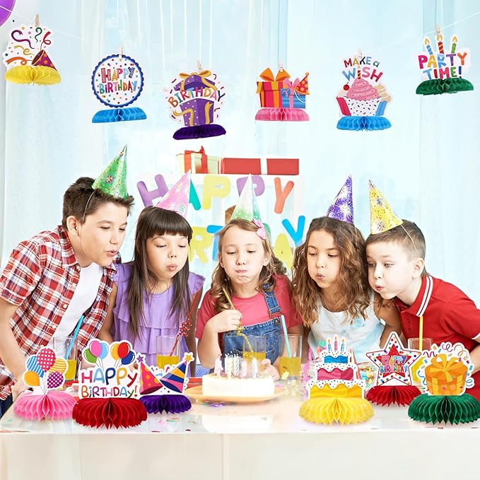 12 Pieces Birthday Table Decorations Colorful Happy Birthday Table Centerpieces Party Honeycomb Centerpieces Table Toppers for Kids Party Supplies
