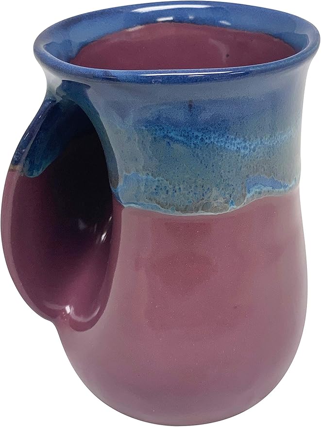 Clay in Motion Hand Warmer Coffee Mug – Handmade Coffee Mug With Comfortable Handle Contoured Pocket Hand Warming Ceramic Coffee Mug – Proudly Made in USA – Left Handed – 14 Oz - Purple Passion