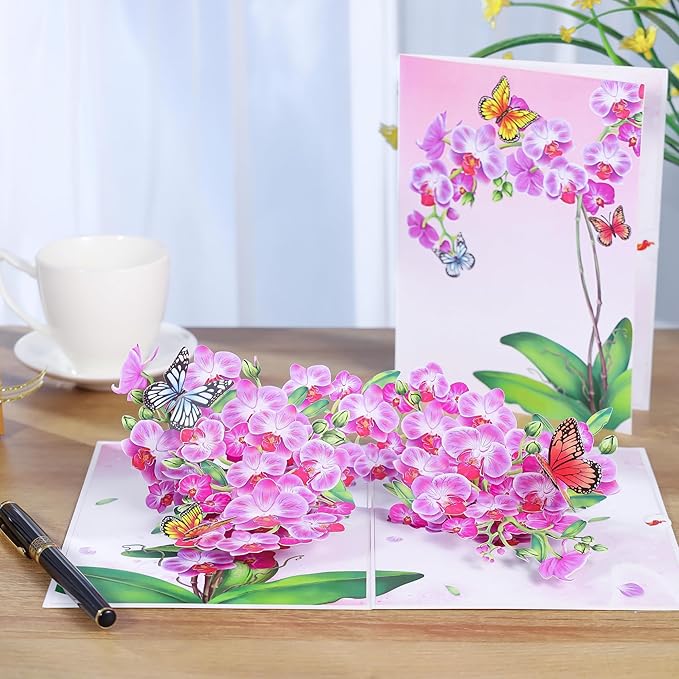Pop Up Birthday Card for Women, Wife; Butterfly on Purple Orchid Mother's Day Card, 6"x 8" Gift Cards,Thinking of You, All Occasion for Her, Mom, Sister, Grandma, Daughter, Every Orchid Lover