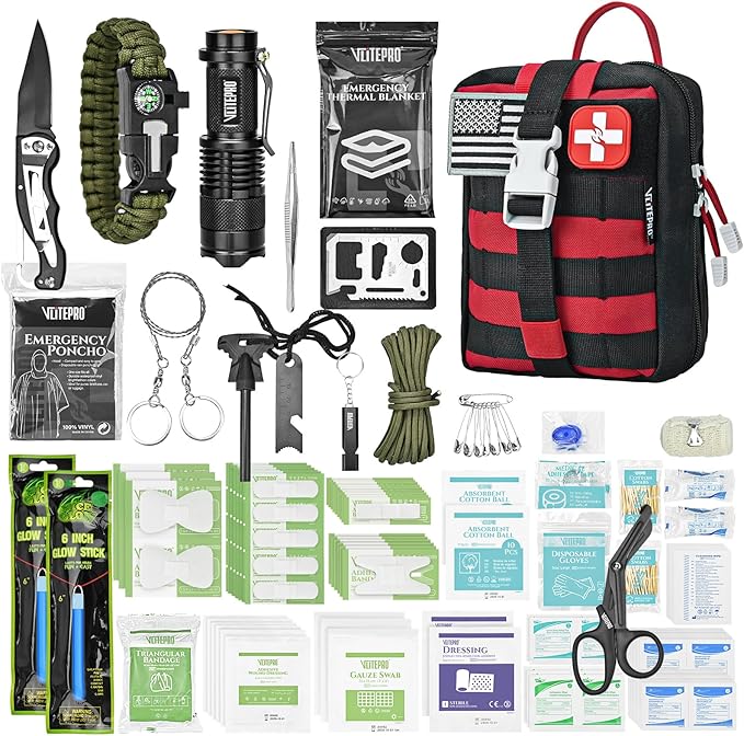 242Pcs Survival First Aid Kit Molle System IFAK Medical Kit for Camping Hiking Hunting Car&Home Emergency, Earthquake Preparedness Lightweight Tactical Kit for Outdoor Enthusiasts (Red)