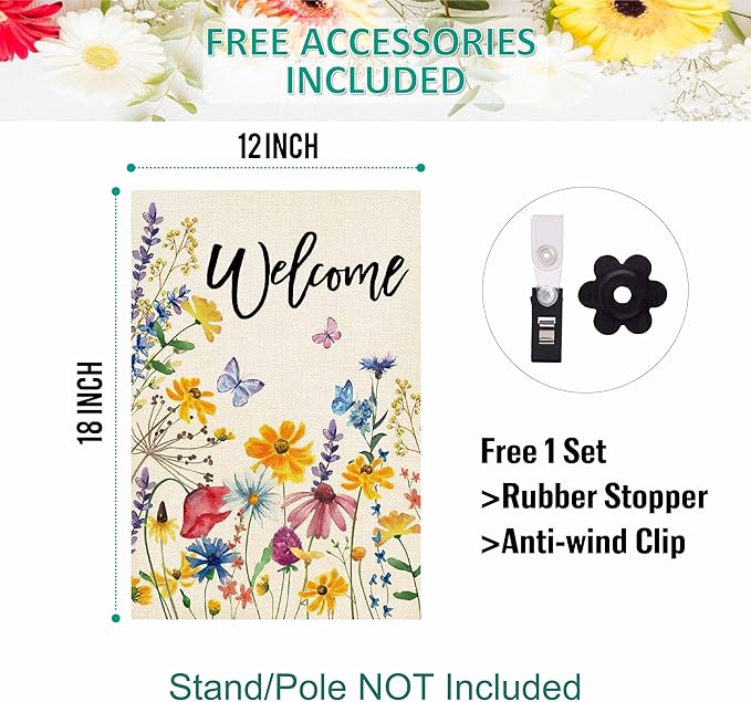 Baccessor Spring Summer Welcome Garden Flag Floral Leaves Double Sided Yard Flag Heavy Duty Seasonal Flowers Butterfly Outdoor Outside Patio Decoration 12.5x18 Inch