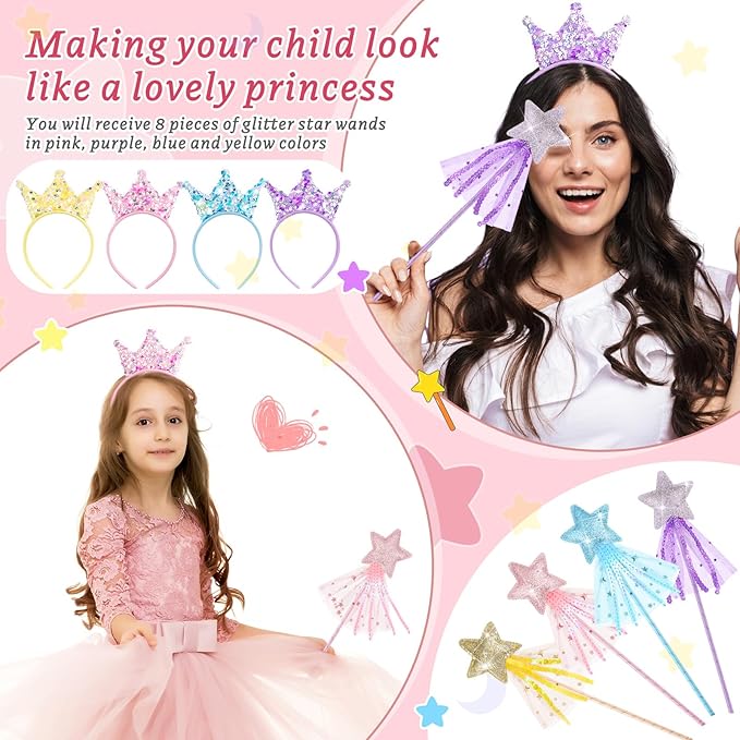 48 Pcs Princess Party Favors Including 24 Glitter Star Fairy Wands and 24 Sequin Princess Crown Headbands for Girls Birthday Party Gifts