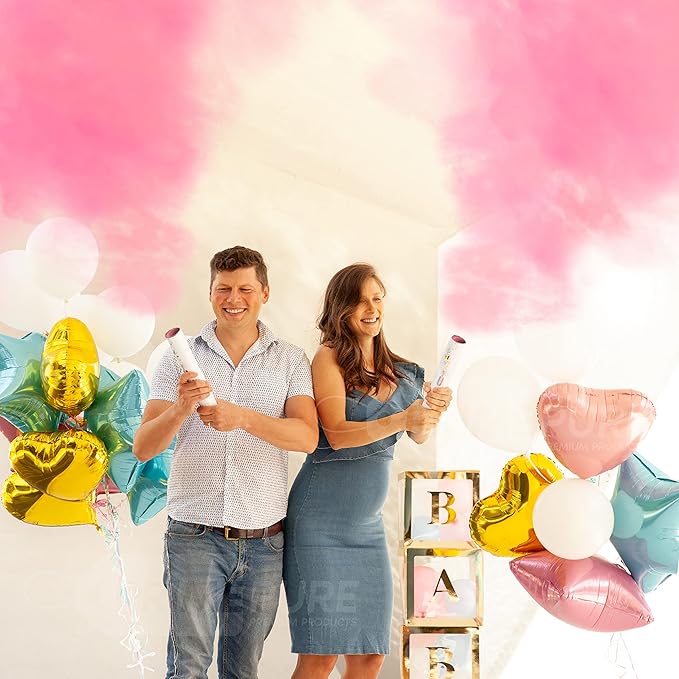 PrimePure Gender Reveal Confetti Cannon - Biodegradable Powder Cannons Smoke Bomb - Pink, 2 Pack - Party Poppers Baby Pink Confetti Popper for Baby Girl Gender Reveal