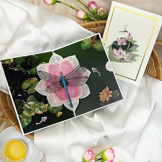 Birthday Cards, Dragonfly and Lotus Flower, 3D Birthday Cards for Women, Happy Mother's Day, Valentine's Day, Sympathy & All Occasion Pop-Up Card, Unique Dragonfly Gift for Mom, Wife, Sister, Grandma, Daughter, Girlfriend, Includes Envelope & Note Card