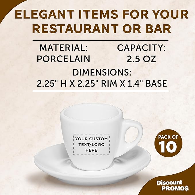 Custom Espresso Cups with Saucer 2.5 oz. Set of 10, Personalized Bulk Pack - Perfect for Coffee, Tea, Espresso, Hot Cocoa, Other Beverages - White