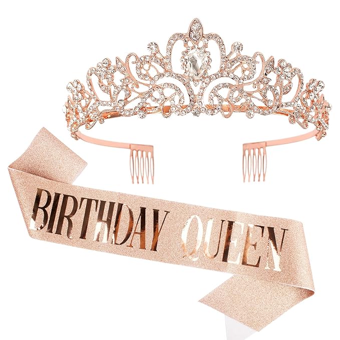AOPRIE Birthday Crown and Queen Sash - Rose Gold Tiara for Women, Princess Crown With Rhinestone - Happy Birthday Accessories Party Favor