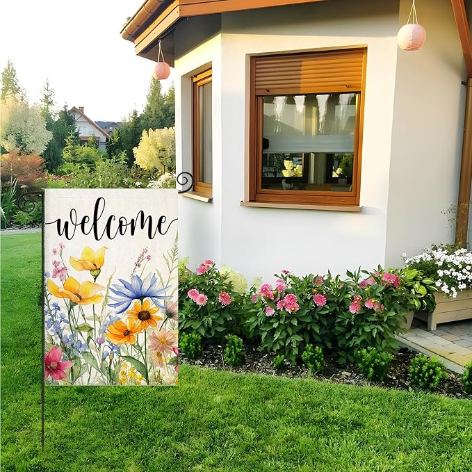 EKOREST Welcome Spring Flowers Garden Flags for Outside, Watercolor Floral Yard Decoration, Small Seasonal Summer Outdoor Decor for Farmhouse Holiday,12x18 Inch Double Sided