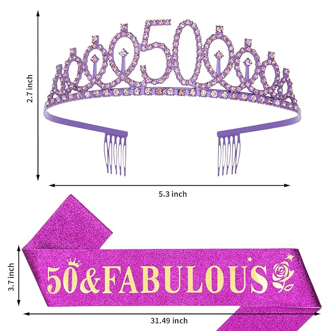 Casoty 50th Birthday Sash and Tiara, 50th Birthday Party Decorations Supplies for Women, Crown and Sash Set, Gifts for Her