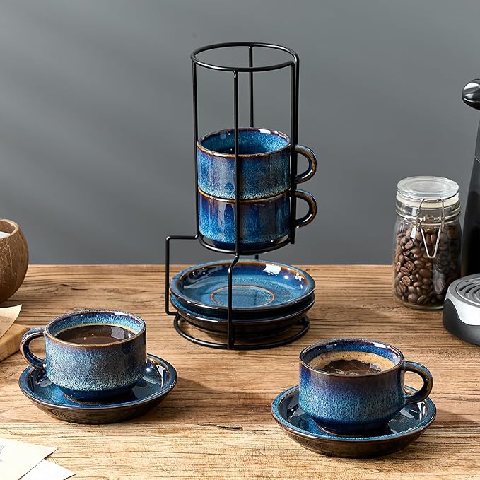 JIEMEI HOME Porcelain Stackable Cappuccino Cups with Saucers and Metal Stand, 7 Ounce Espresso Cups for Latte Coffee Cafe, Specialty Coffee Drinks, Cappuccino and Tea - Set of 4, Deep Blue