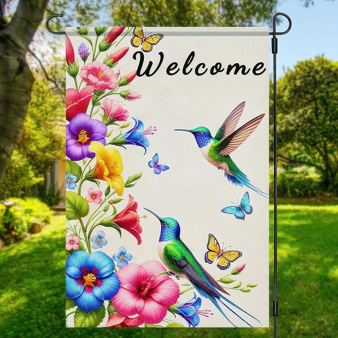 BlissYard Hummingbird Floral Welcome Garden Flag 12x18 Inch Double Sided Spring Summer Hummingbird Yard Flag Yard Outdoor Flag Small Outside Decoration