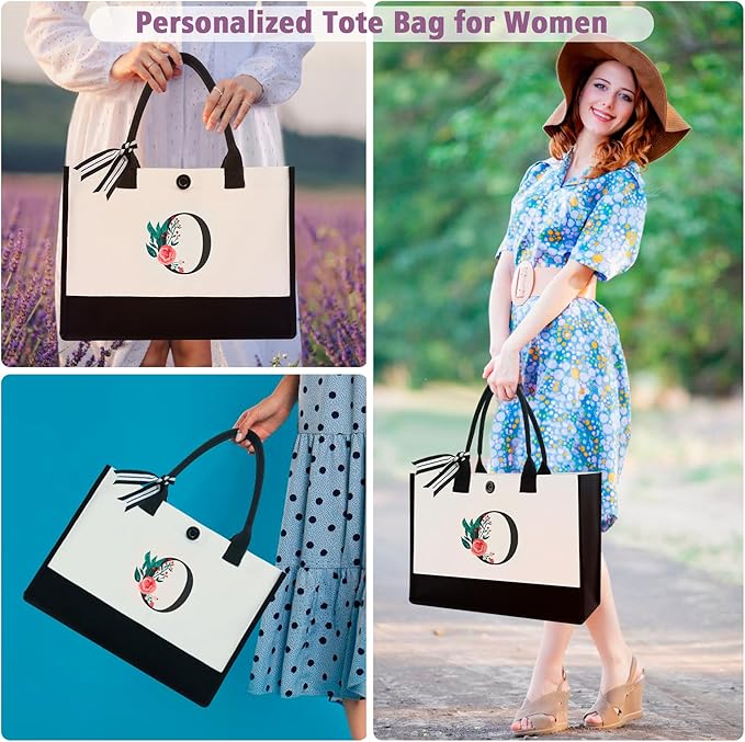 Initial Canvas Tote Bag, Personalized Birthday Gifts for Women Mom Friends Teachers, Monogrammed Tote Bags Suitable for Mother's Day Wedding Beach (Letter O)