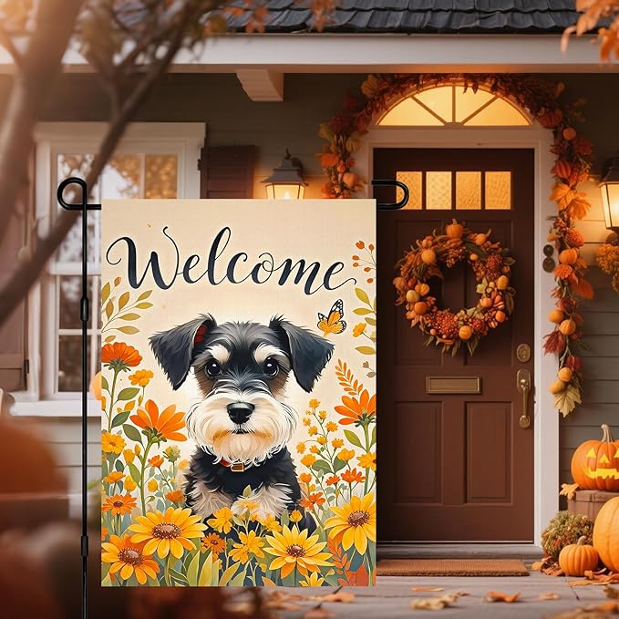 BlissYard Fall Garden Flag 12x18 Inch Welcome Schnauzer Dog Outdoor Flag Double Sided Autumn Yard Banner with Sunflowers and Butterflies for Porch Lawn Patio