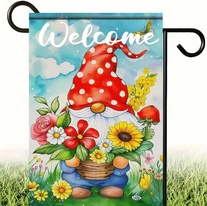 BlissYard Easter Garden Flag 12x18 Inch Double Sided Cute Gnome Garden Flags Spring Gnome and Flowers Theme Yard Flag Polyester Yard Decoration for Outdoor Lawn and Patio