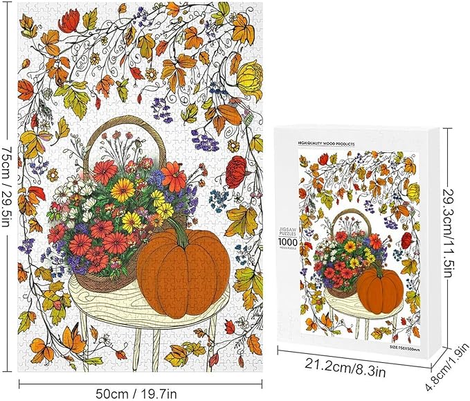 Wooden Jigsaw Puzzles - Thanksgiving Fall Pumpkins，Flowers - 1000 Piece Jigsaw Puzzle for Adults Teenagers and Kids Educational Family Game，Home Decor，Suitable for Puzzle Enthusiasts and Collectors