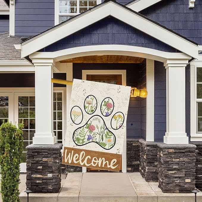 ZAEW Welcome Dog Paw Large Wildflowers Leaves Spring House Flag Burlap 28X40 Inch Vertical Double Sided Outside Yard Holiday Outdoor Farmhouse Decoration