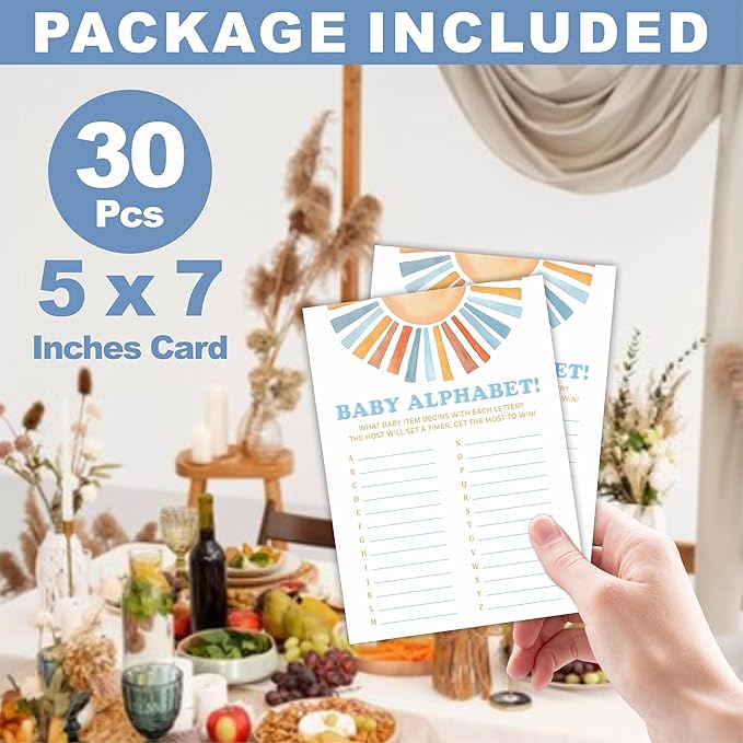 Sunshine Baby Alphabet Baby Shower Game Kit - Retro Here Comes The Sun - 30 Double-Sided Fill In Game Cards For Baby Shower, Gender Reveal Party Favor, Activity & Supplies - D03