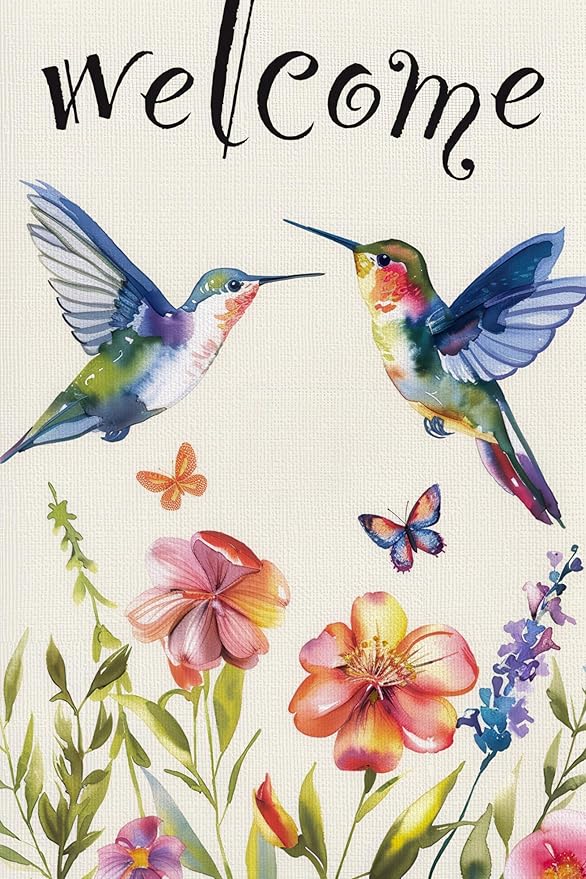 BlissYard Welcome Hummingbird Garden Flag Double-Sided 12 x 18 Flag Spring Garden Flag Hummingbird Garden Flags Floral Flowers Yard Flag Vintage Spring Flag House Seasonal Outside Outdoor Decoration