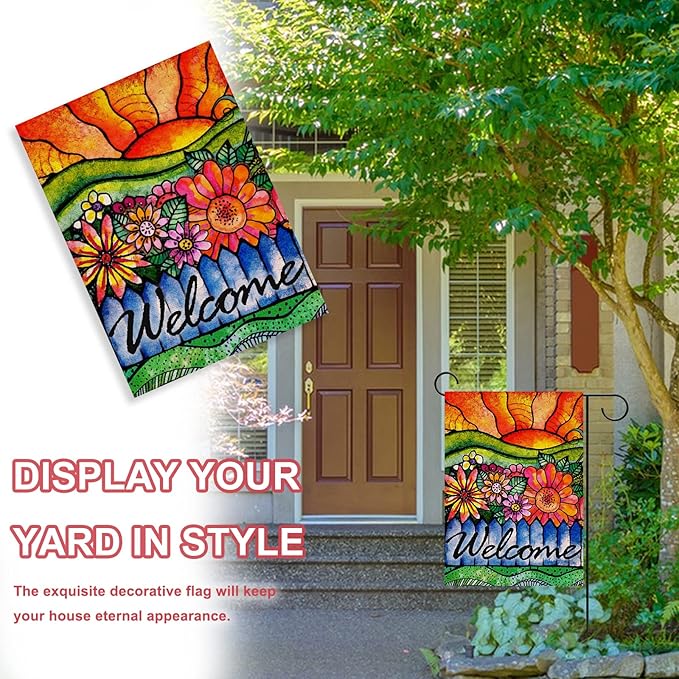 Covido Home Decorative Welcome Spring Watercolor Flowers Garden Flag, Summer Sunshine House Yard Abstract Floral Outside Decorations, Sunrise Farmhouse Seasonal Outdoor Small Decor Double Sided 12x18