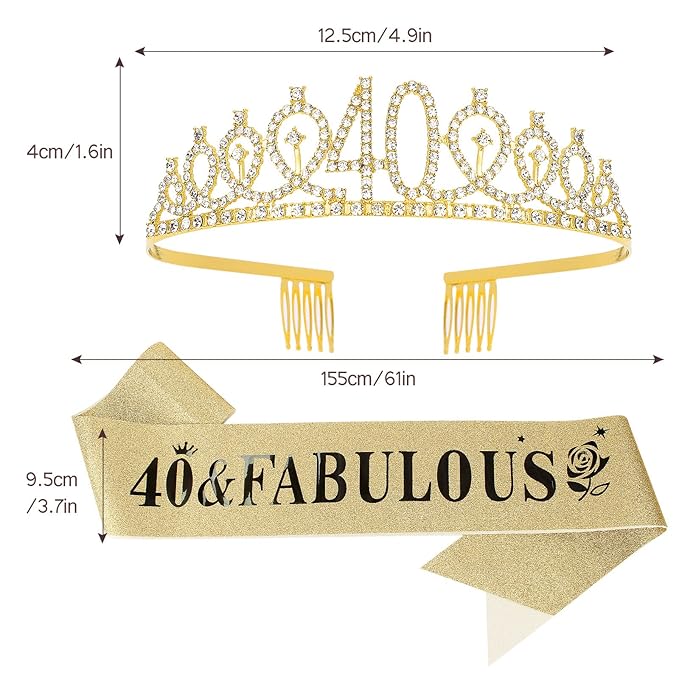 Casoty Gold 40th Birthday Sash and Tiara 40th Birthday Decorations Gifts for Women 40 and Fabulous Sash and Crown Set Party Supplies Favors for Women Gifts for Her