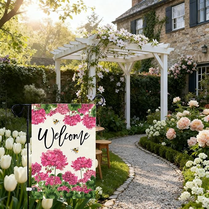 Baccessor Spring Summer Geranium Welcome Garden Flag Double Sided Burlap with Clip and Stopper,Pink Floral Bee Flag Seasonal Farmhouse Front Entry Yard Lawn Outside Outdoor Decoration 12.5 x 18 Inch