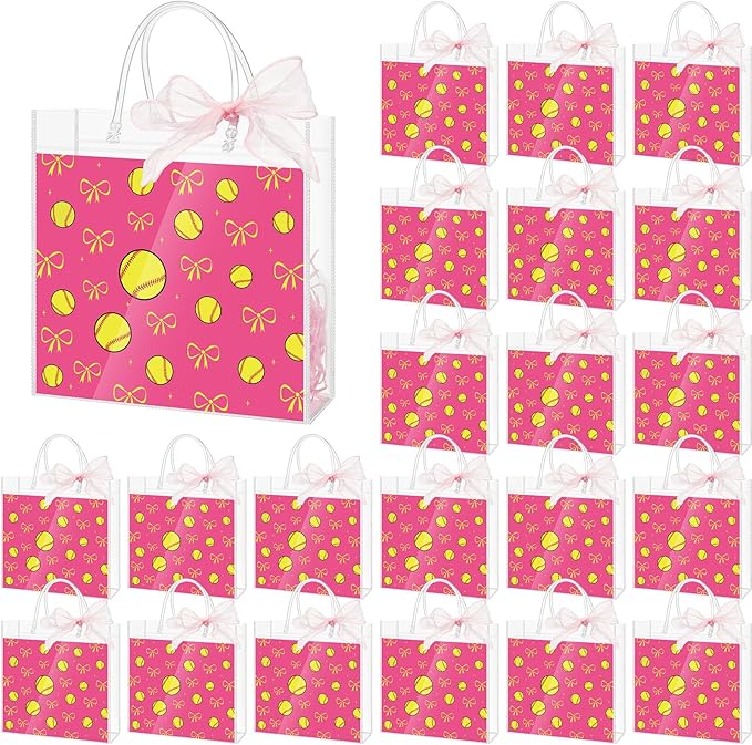 Sweetude 24 Pcs Cute Softball Clear Treat Bags with Handles Bulk Cute Softball Goodie Bags Sport Theme Party Gift Favor with Pink Bow Ribbon for Girl Youth Team Snack Birthday Gifts 7.9 x 7.9 Inch
