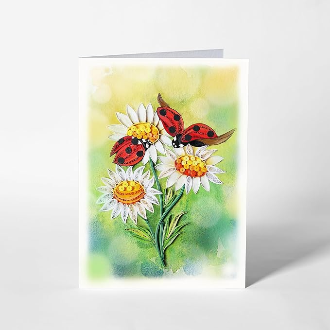 Mother's Day Card, White Daisy and Ladybug Greeting Card, Animals Quilled Quilling Birth Month Flower Born in April, for Mom, Grandma, Daughter (White Daisy and Ladybug)
