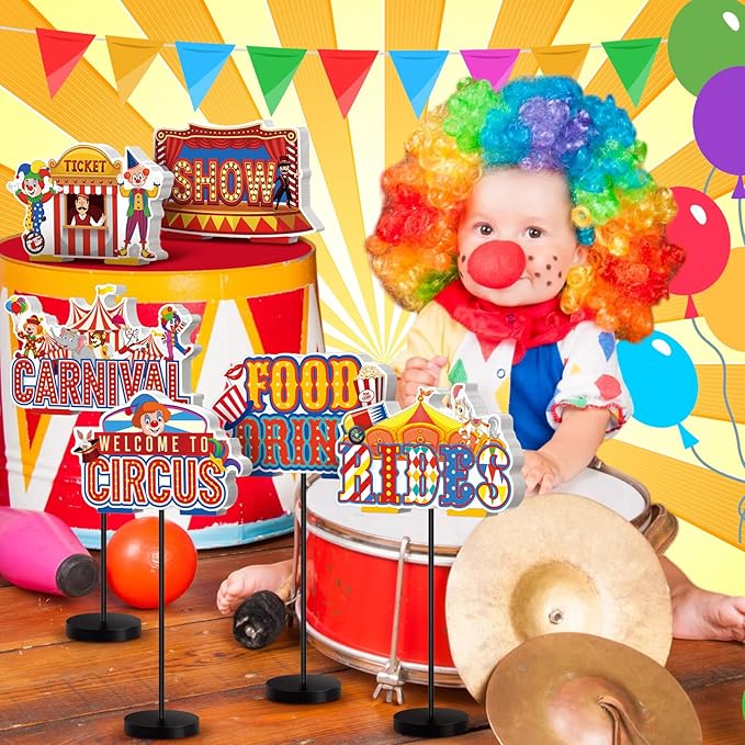 6 Pcs Carnival Party Decor Carnival Circus Decoration for Table Centerpieces Circus Birthday Wooden Standing Signs Tabletop Decor for Home Office Room Desk Party Supplies