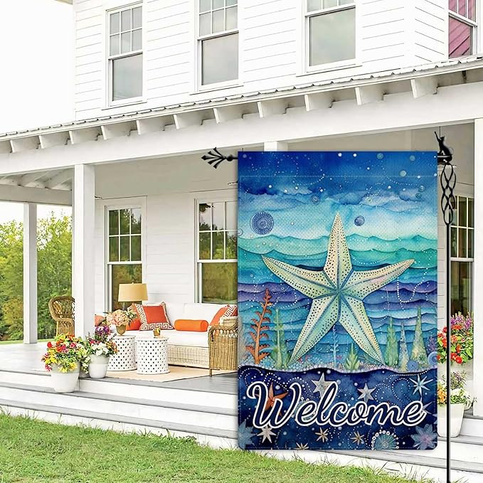 Jauageon Welcome Summer Starfish Garden Flag Ocean Sea Garden Flag Vertical Double Sided Rustic Farmland Burlap Yard Lawn Outdoor Decor 12.5x18"