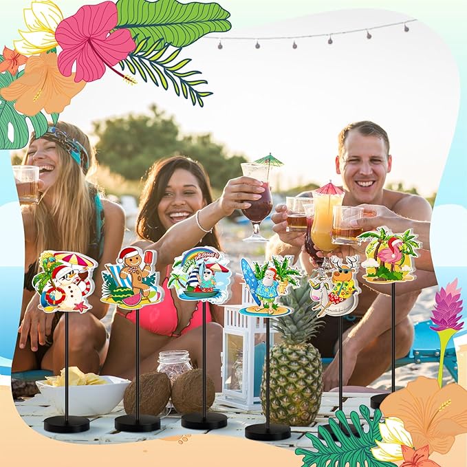 6 Pcs Christmas Table Decor Standing Signs Hawaii Decoration for Table Centerpieces Wooden Sign Santa Flamingo Palm Tree Beach Party Tabletop Decor for Home Office Room Desk