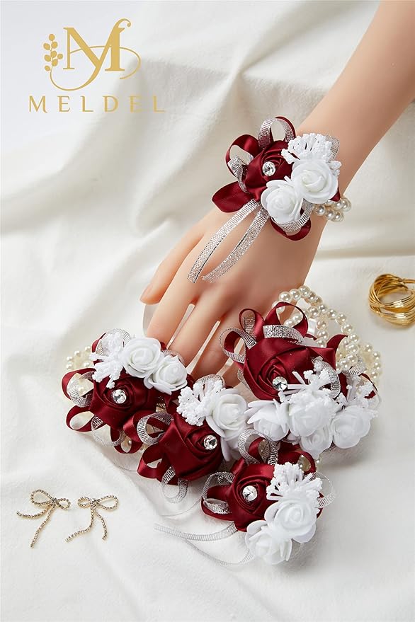 Meldel Wine Red Wrist Corsages for Prom, 2pcs Burgundy Rose Corsages for Bridal Bridesmaid Girl Mother Women, Wrist Flower Hand Flower for Wedding Ceremony Anniversary, Party,Homecoming