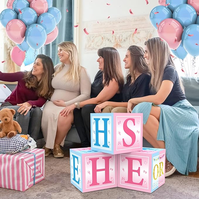 3pcs Gender Reveal Decorations Baby Boxes, Blue Pink He or She Gender Reveal Theme Boxes Party Supplies, Blue Blush Pregnancy Announcement Cardboard Box