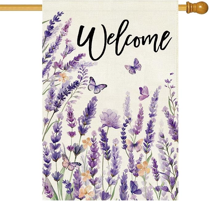 Baccessor Spring Summer Welcome Lavender House Flag 28 x 40 Inch Vertical Double Sided Burlap Butterfly Purple Floral Flower Farmhouse Large Flag Holiday Seasonal Porch Outdoor Outside Decoration