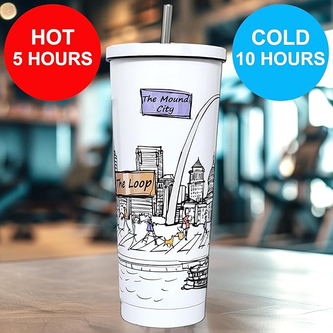 Cities Around the World 25 Oz Tumbler Series- Designed in the USA- Vacuum Insulated Tumbler with Lids Straw - Stainless Steel Coffee Water Travel Mug, Cup for Hot Cold Drink (St Louis)