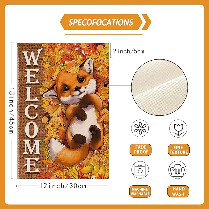 ZAEW Fall Welcome Cute Little Fox Maple Leaves Autumn Garden Flag Yard Flag 12x18 Inch Double Sided Small Mini Yard Outdoor Outside Farmhouse Holiday Decoration