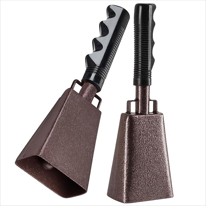 2 Pack 9-inch Copper Cowbells for Sporting Events, Percussion Noise Makers with Handle for Football Games, Sports Stadiums, Pep Rallies, Parties, Boxing Events, Cheerleading, Celebrations (Brown)