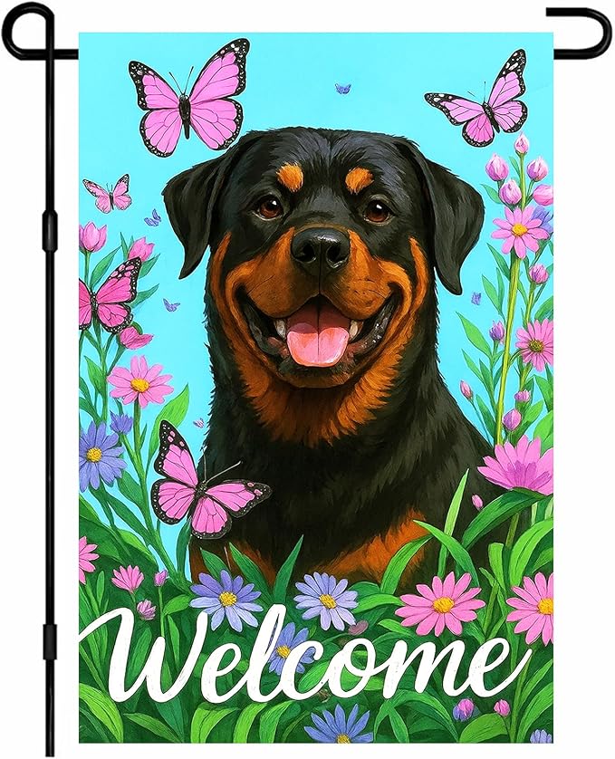 IVN Welcome Dog Garden Flag 12x18 Inch Double Sided Rottweiler Butterfly Flower Outdoor Yard Flag for Home Front Door Lawn Porch Summer Decor