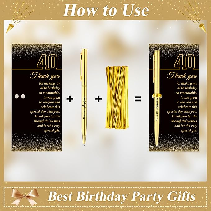 25 Sets 40th Birthday Themed Party Favors for Guests Including Birthday Ballpoint Pens and Black Gold Thank You Cards for Guests New Year Anniversary Appreciation Gifts