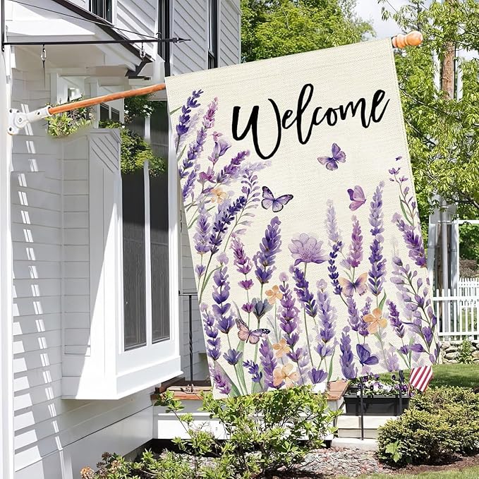 Baccessor Spring Summer Welcome Lavender House Flag 28 x 40 Inch Vertical Double Sided Burlap Butterfly Purple Floral Flower Farmhouse Large Flag Holiday Seasonal Porch Outdoor Outside Decoration