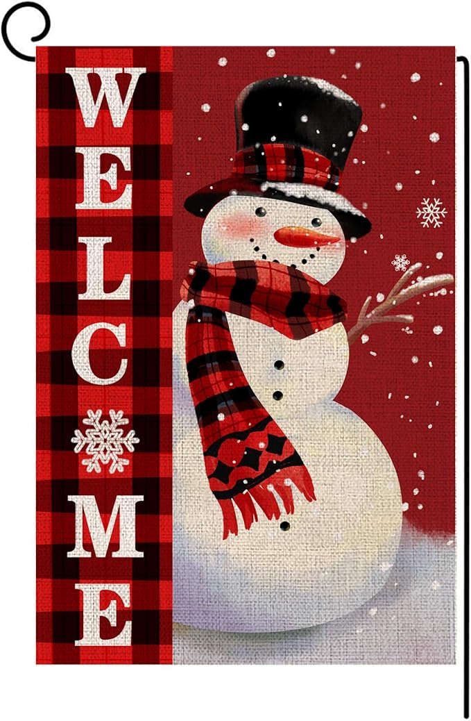 Welcome Christmas Garden Flag Double Sided Snowman with Buffalo Plaid Scarf Garden Flag, Winter Christmas Rustic Yard Outdoor Decoration 12.5 x 18 Inch