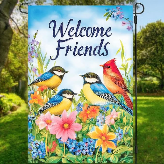 BlissYard Welcome Spring Garden Flag 12x18 Double Sided Birds and Flowers Yard Flags Welcome Friends Garden Flags Decorative Outside Outdoor House Spring Summer Decoration for Outdoor Lawn Patio
